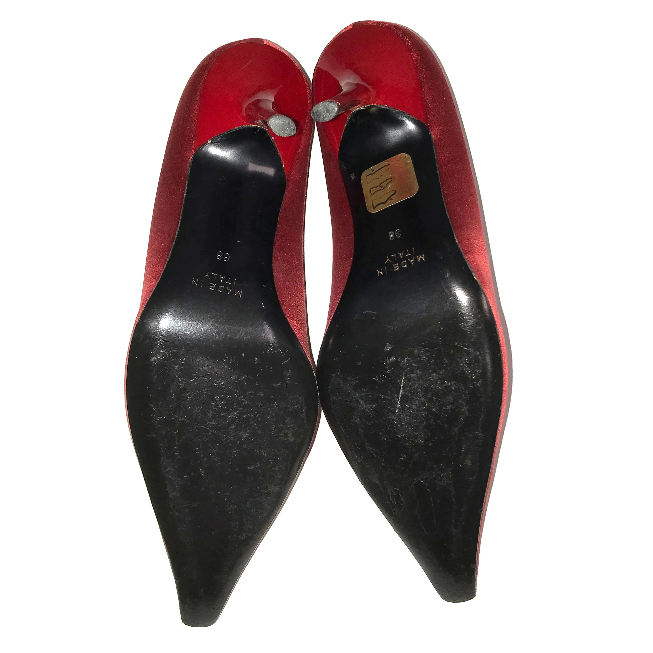 Rene Caovilla Red Satin Pointed Heels with Gold and Rhinestone Accent