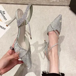 Rimocy Slingbacks Crystal Pumps Woemn Sexy Super High Heels Wedding Party Shoes Woman Pearl Stiletto Heel Gladiator Shoes Sandal