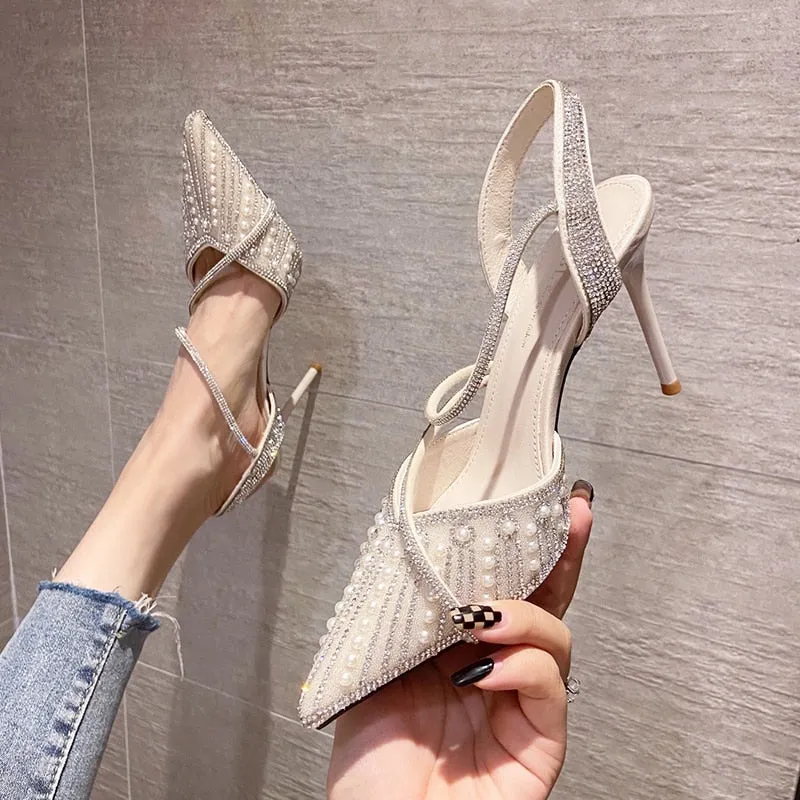 Rimocy Slingbacks Crystal Pumps Woemn Sexy Super High Heels Wedding Party Shoes Woman Pearl Stiletto Heel Gladiator Shoes Sandal