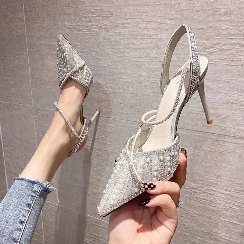 Rimocy Slingbacks Crystal Pumps Woemn Sexy Super High Heels Wedding Party Shoes Woman Pearl Stiletto Heel Gladiator Shoes Sandal