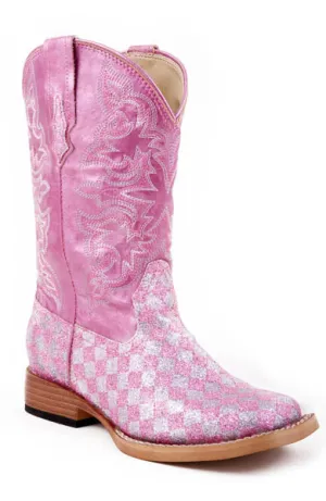 Roper Kids Boots Bling Square Toe Pink Checkerboard Glitter Style 09-018-1901-0028