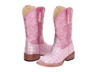 Roper Kids Boots Bling Square Toe Pink Checkerboard Glitter Style 09-018-1901-0028