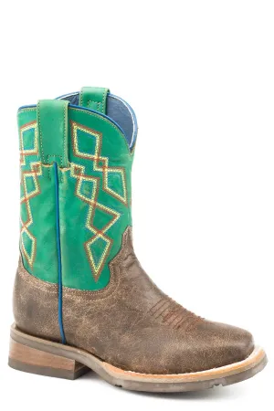 'Roper' Kids' Pattern Western Square Toe - Brown / Green