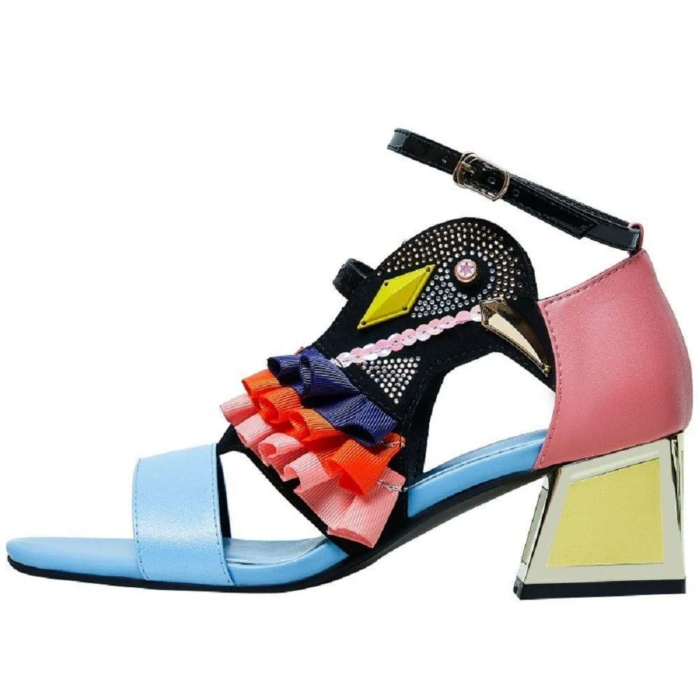 Ruffles Bird High Heel Sandals - Chunky Casual Shoes RX340