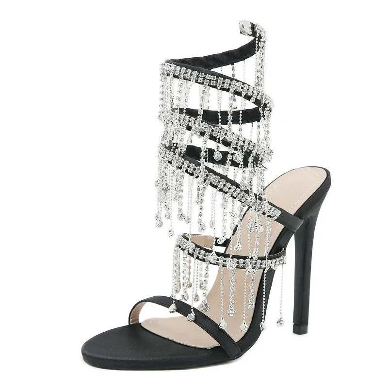 Runway Style Glitter Crystal Tassel Snake Coiled Women Sandals Sexy Stiletto High Heels Summer Fashion Party Prom Shoes