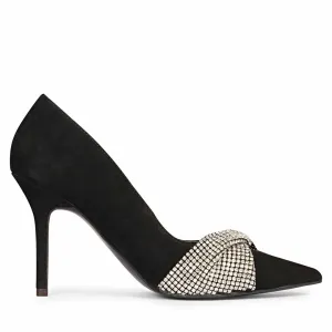 Saint Sienna Silver Stone Bow Embellished Black Leather Pumps