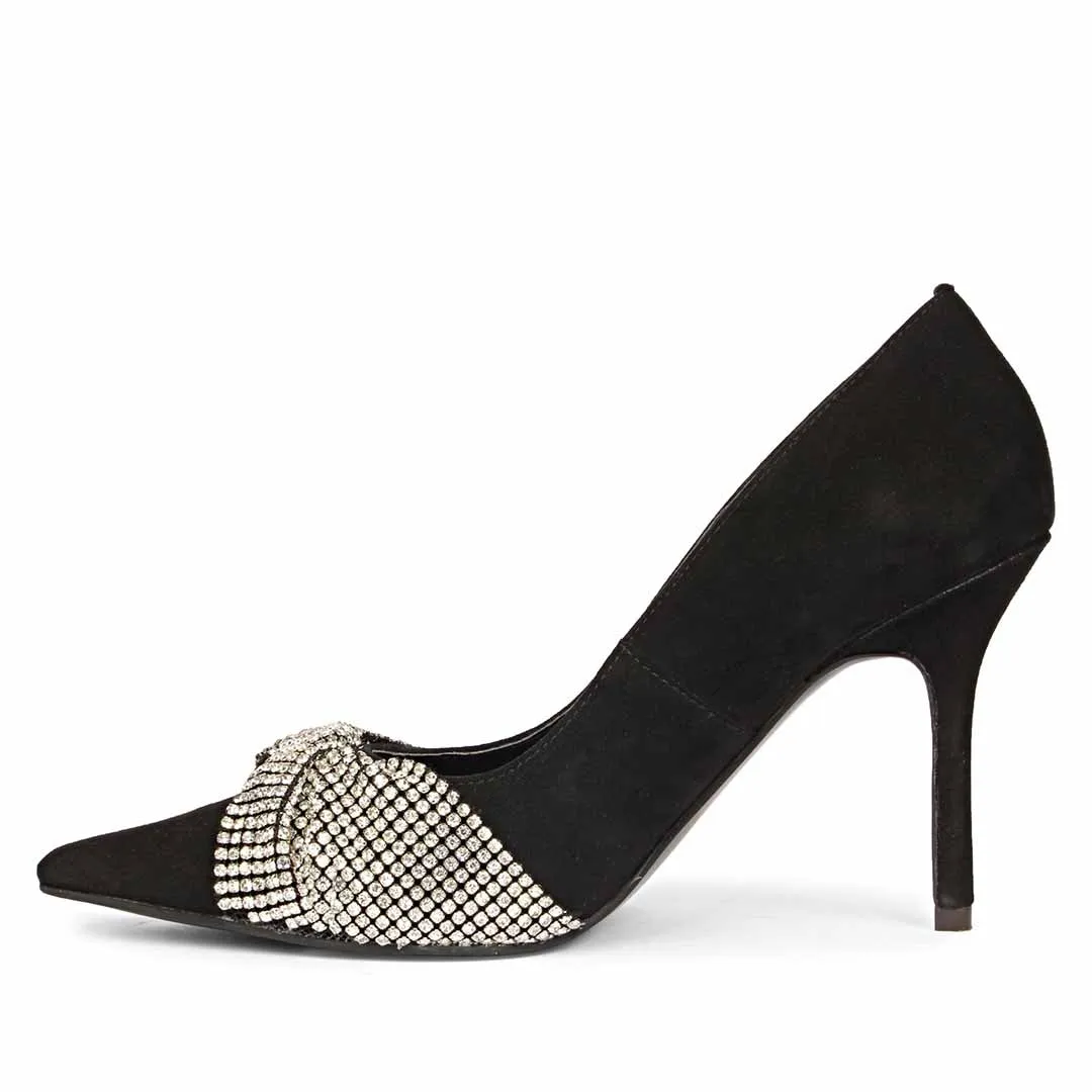 Saint Sienna Silver Stone Bow Embellished Black Leather Pumps