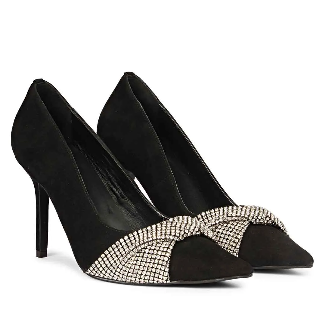 Saint Sienna Silver Stone Bow Embellished Black Leather Pumps