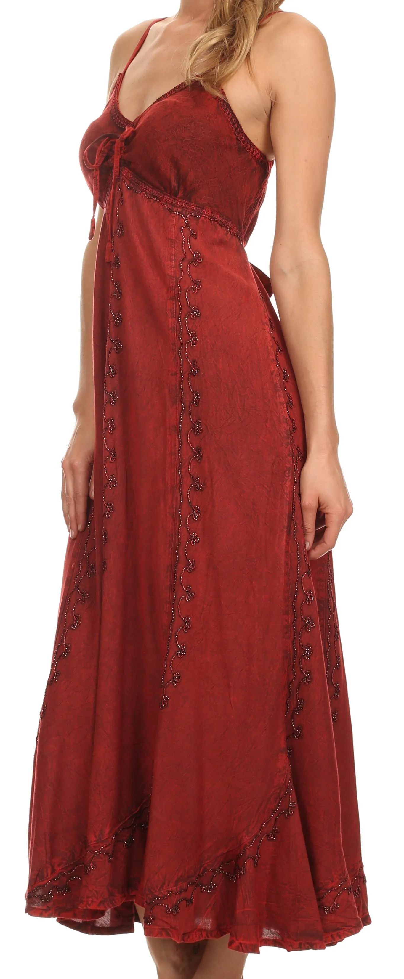 Sakkas Allie Stonewashed Embroidered Adjustable Spaghetti Straps Long Dress