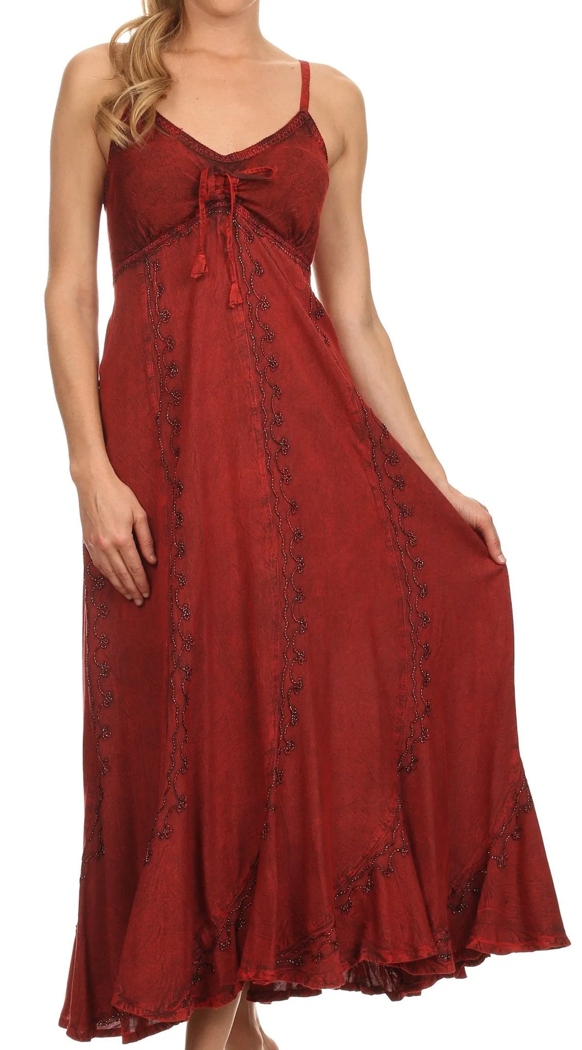 Sakkas Allie Stonewashed Embroidered Adjustable Spaghetti Straps Long Dress