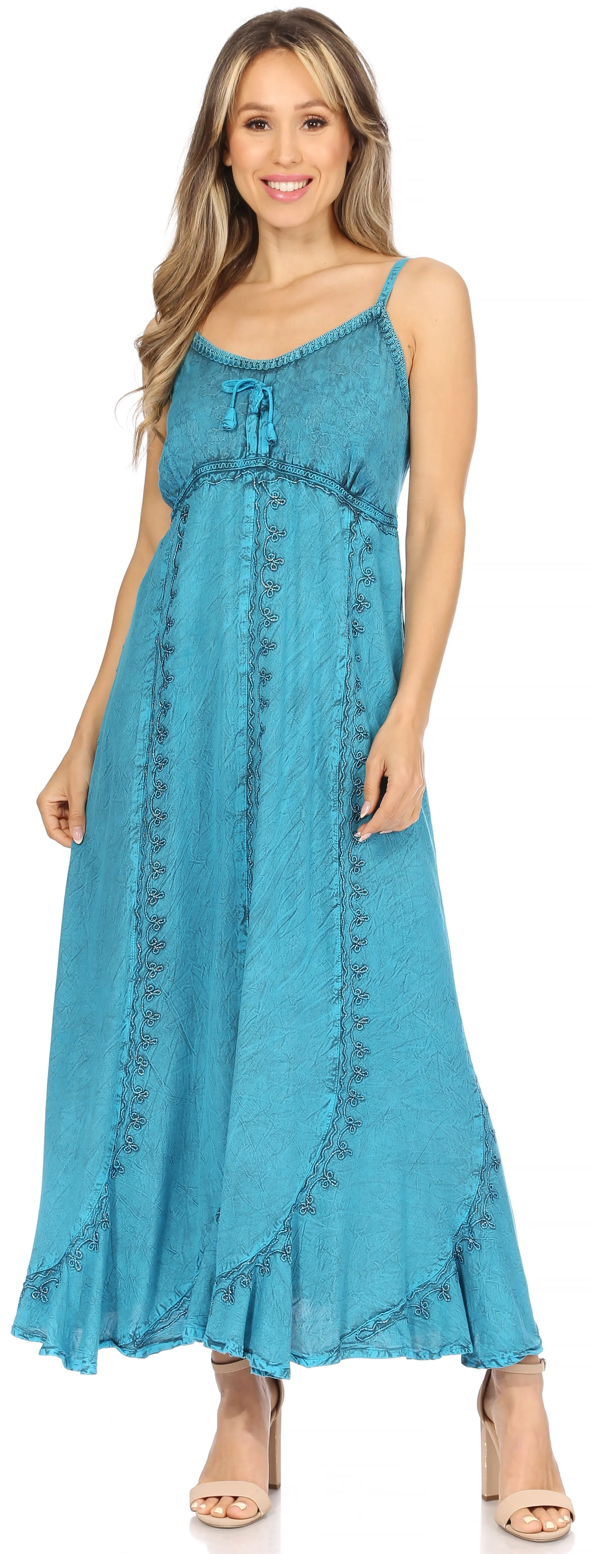 Sakkas Allie Stonewashed Embroidered Adjustable Spaghetti Straps Long Dress