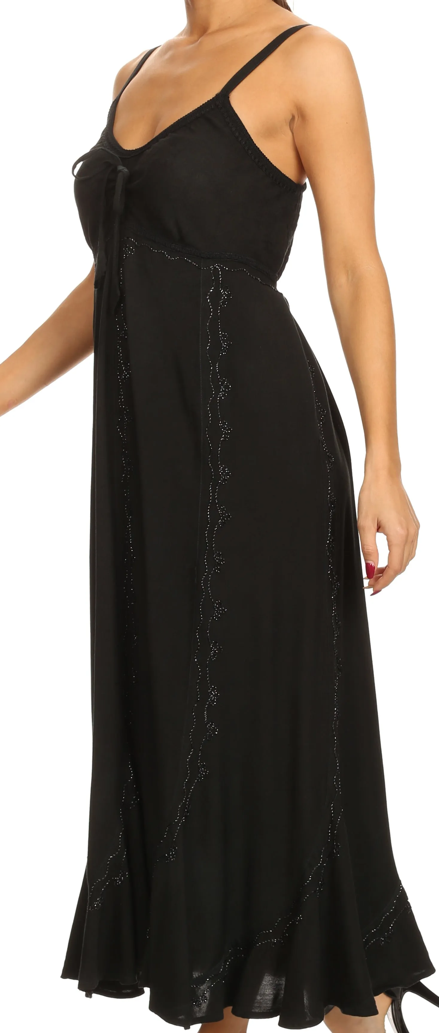 Sakkas Allie Stonewashed Embroidered Adjustable Spaghetti Straps Long Dress