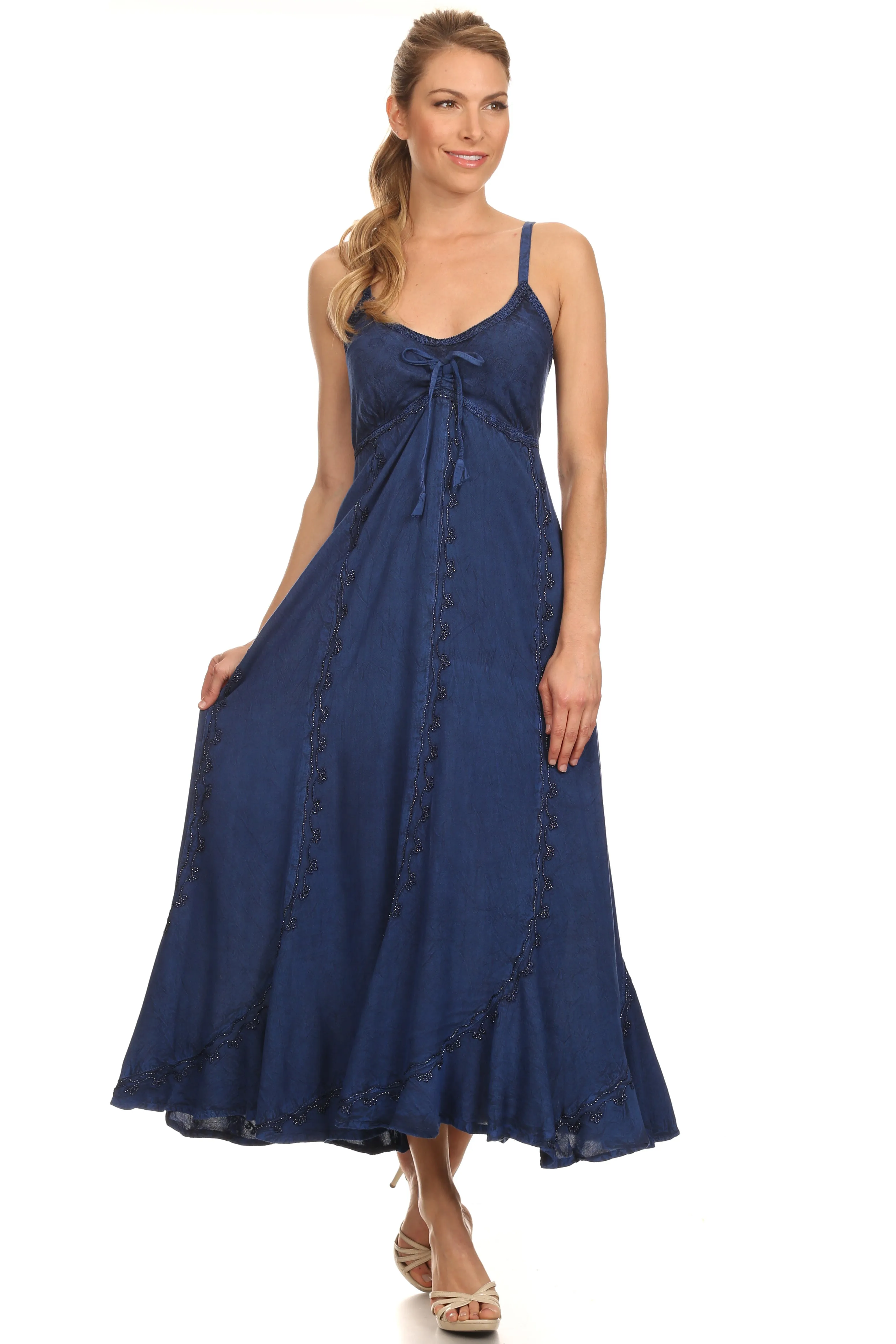 Sakkas Allie Stonewashed Embroidered Adjustable Spaghetti Straps Long Dress