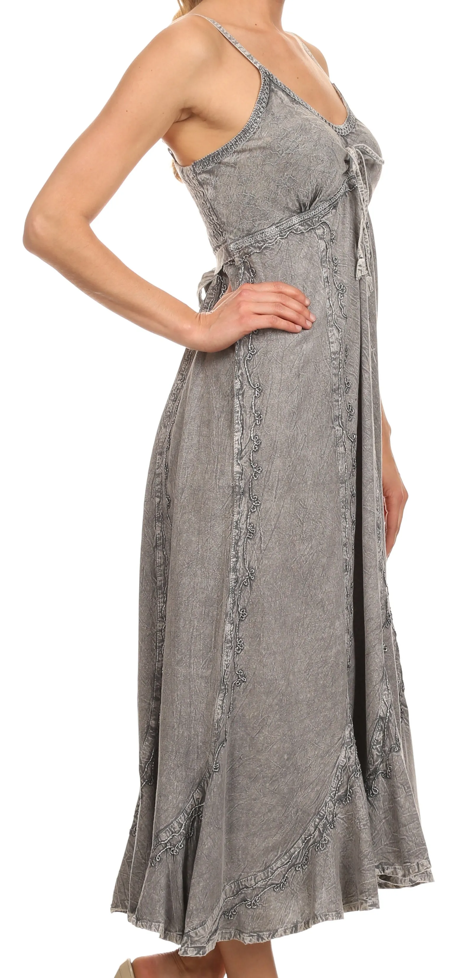 Sakkas Allie Stonewashed Embroidered Adjustable Spaghetti Straps Long Dress