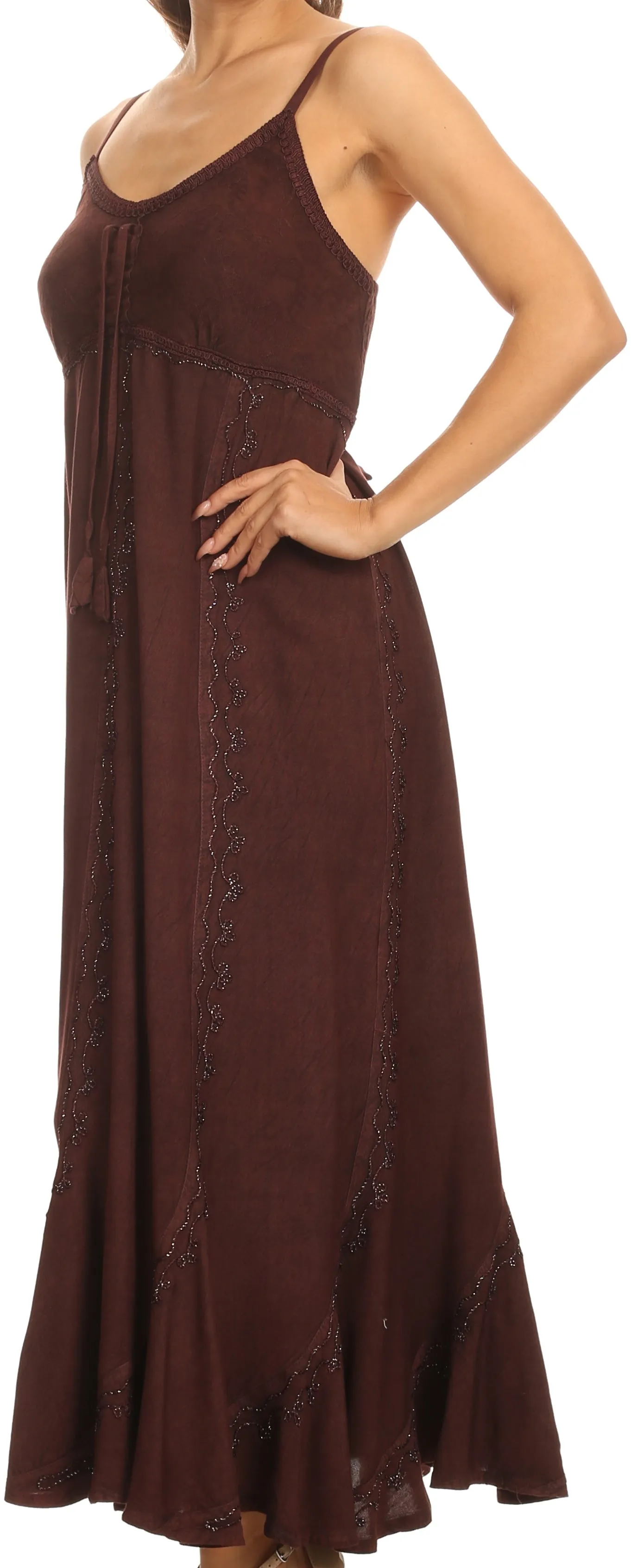 Sakkas Allie Stonewashed Embroidered Adjustable Spaghetti Straps Long Dress