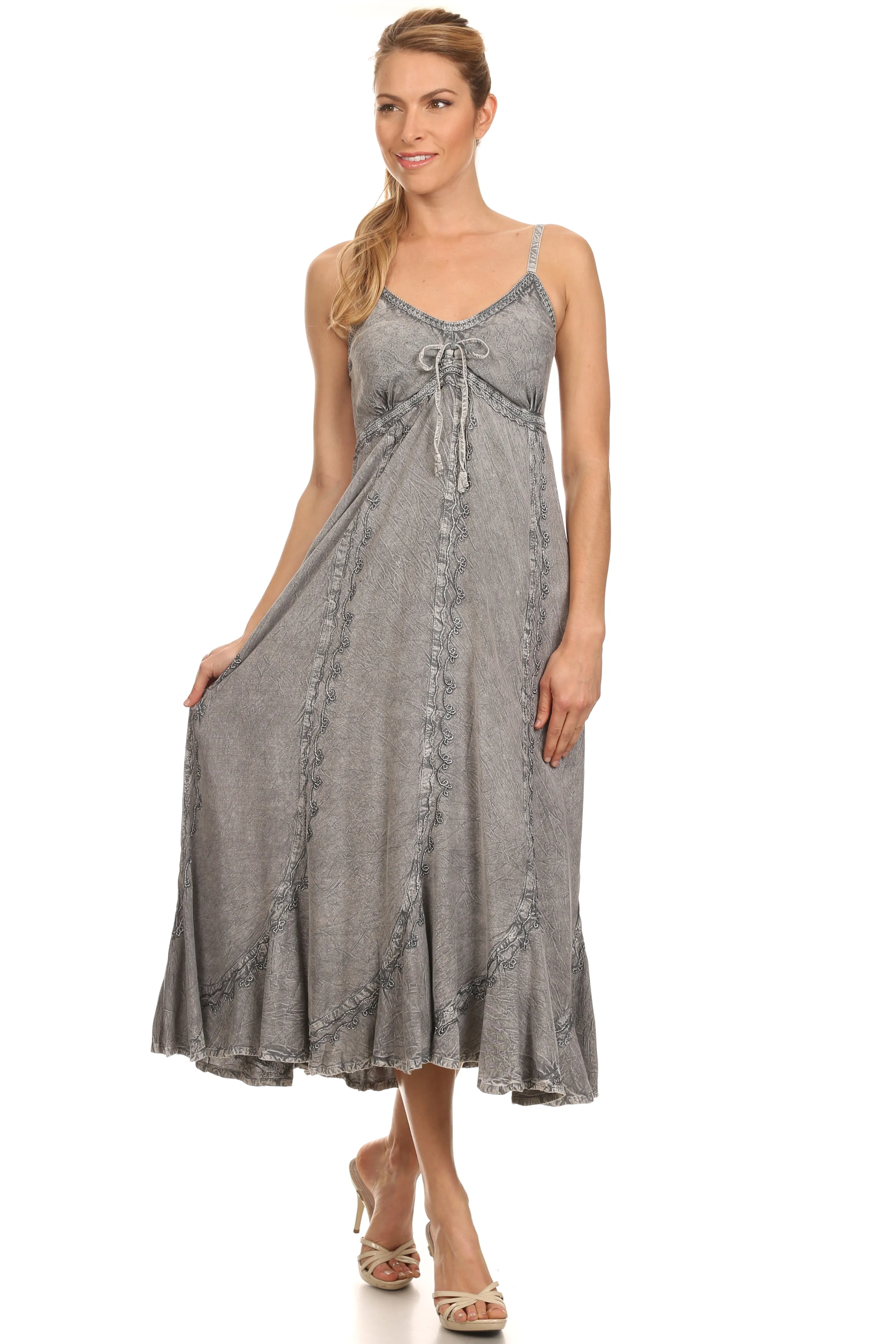 Sakkas Allie Stonewashed Embroidered Adjustable Spaghetti Straps Long Dress