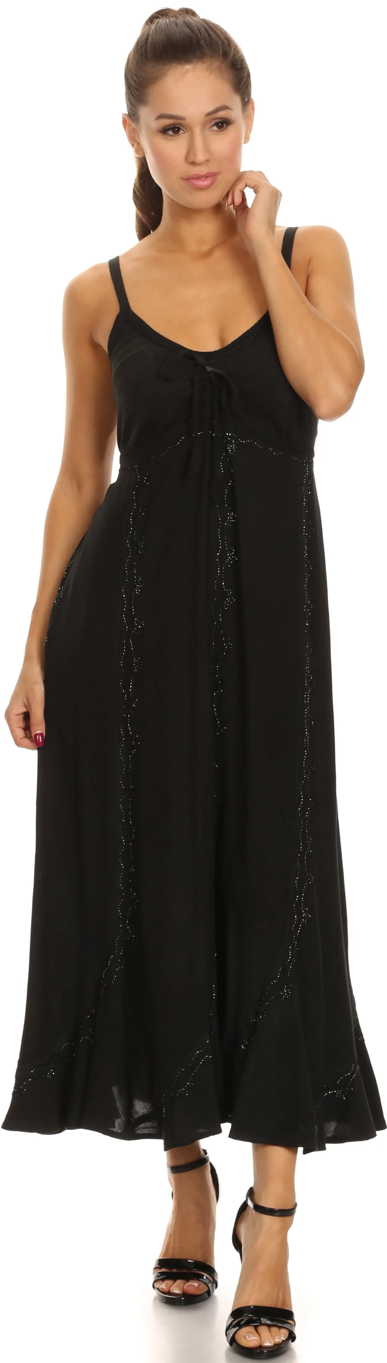 Sakkas Allie Stonewashed Embroidered Adjustable Spaghetti Straps Long Dress