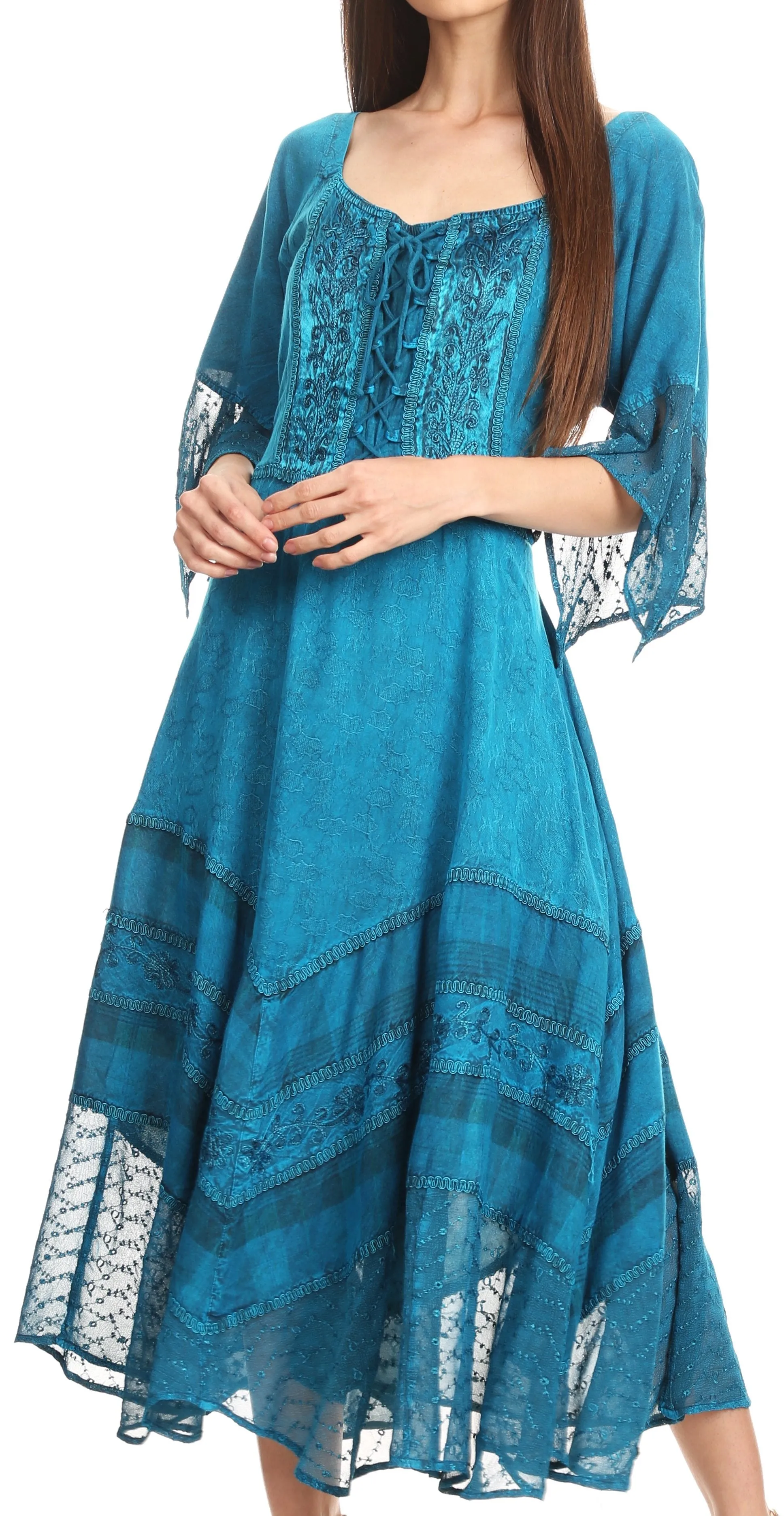 Sakkas Bexley Scoop Neck Bell Sleeve Bohemian Gypsy Embroidered Corset Dress