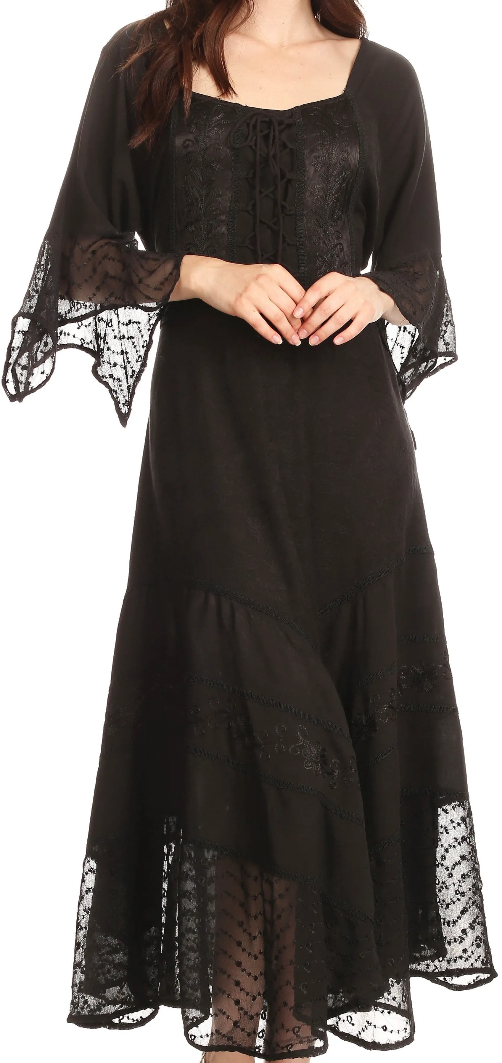 Sakkas Bexley Scoop Neck Bell Sleeve Bohemian Gypsy Embroidered Corset Dress