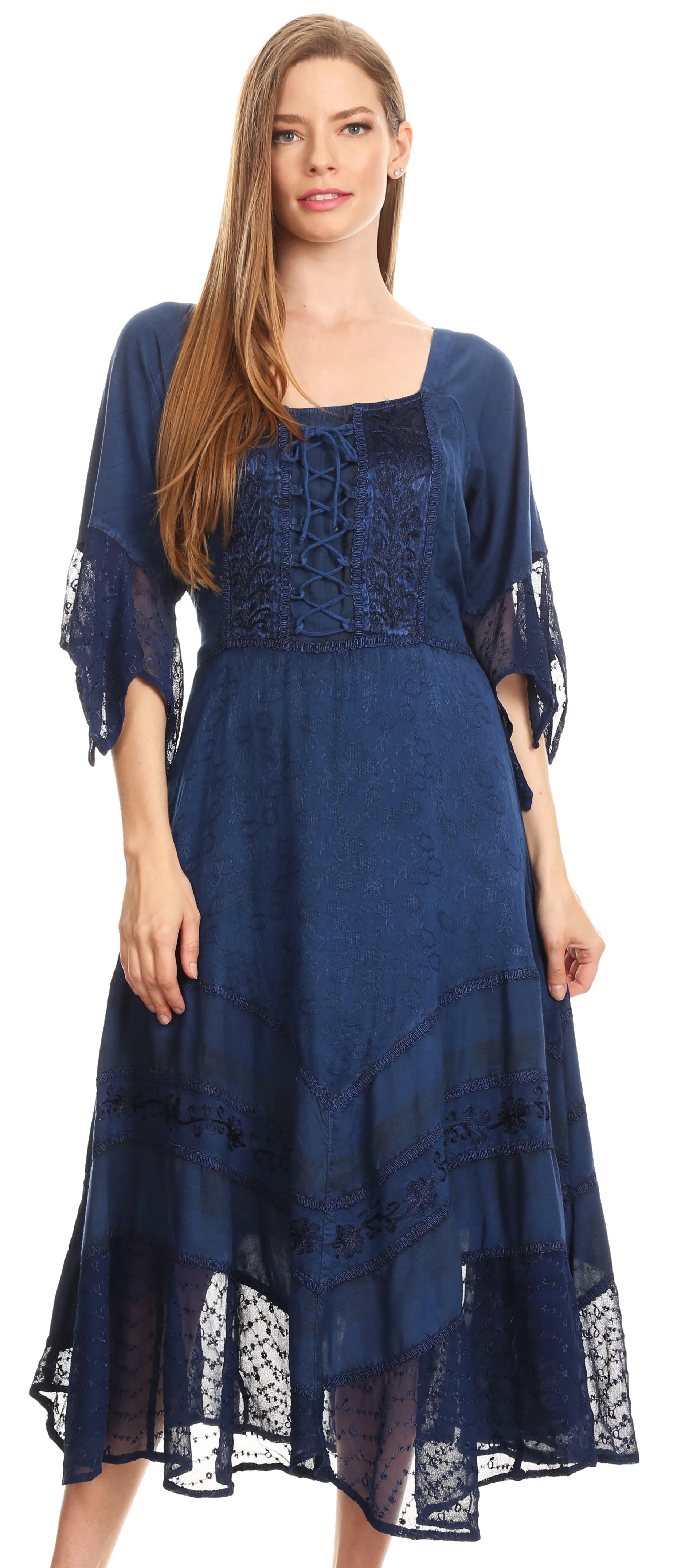 Sakkas Bexley Scoop Neck Bell Sleeve Bohemian Gypsy Embroidered Corset Dress