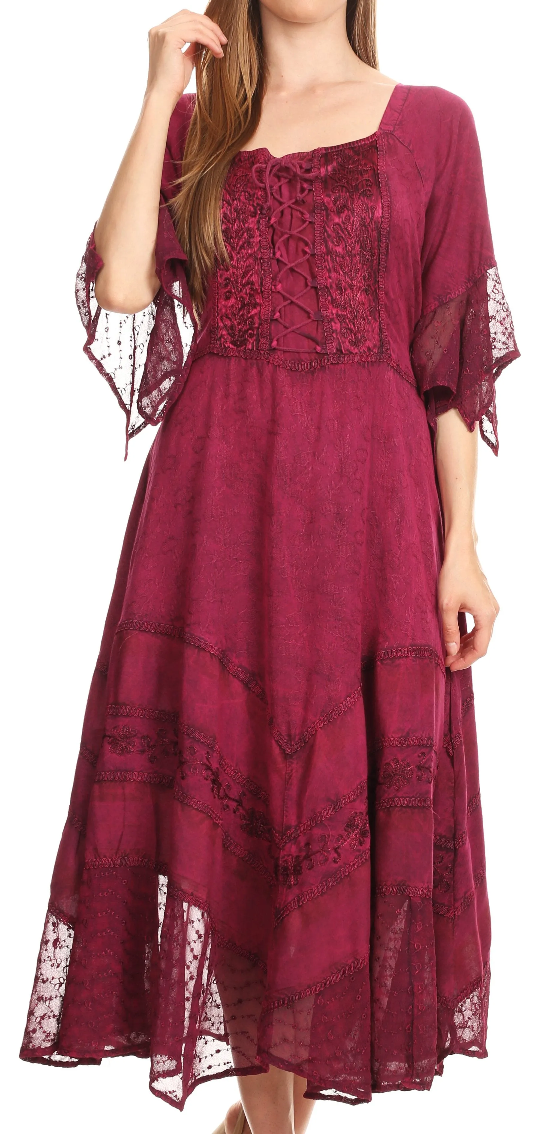 Sakkas Bexley Scoop Neck Bell Sleeve Bohemian Gypsy Embroidered Corset Dress