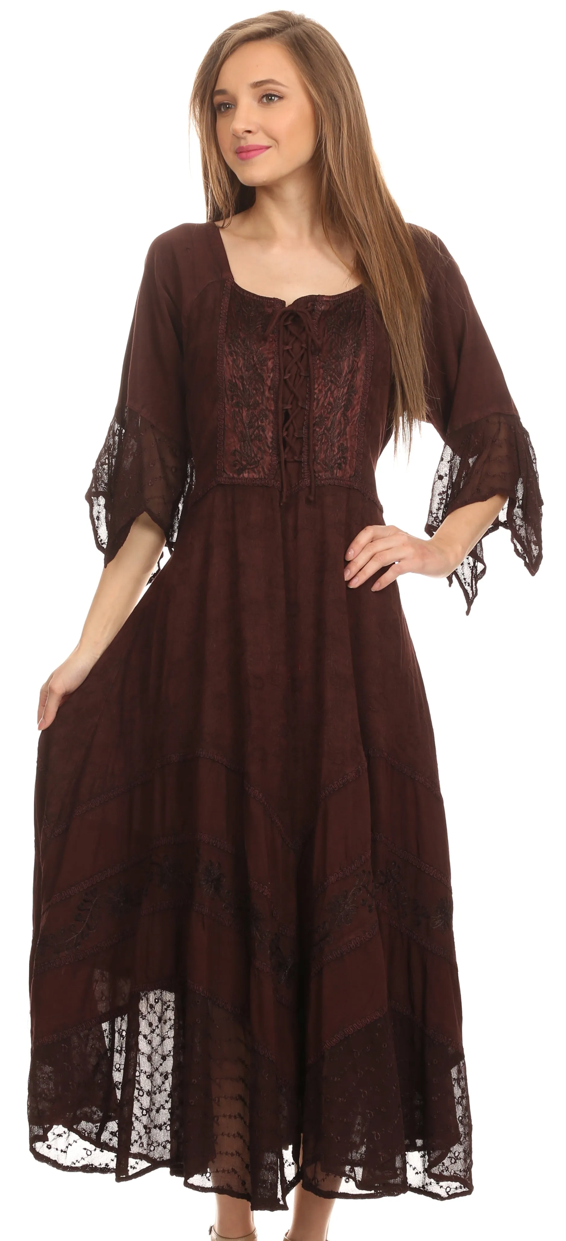 Sakkas Bexley Scoop Neck Bell Sleeve Bohemian Gypsy Embroidered Corset Dress