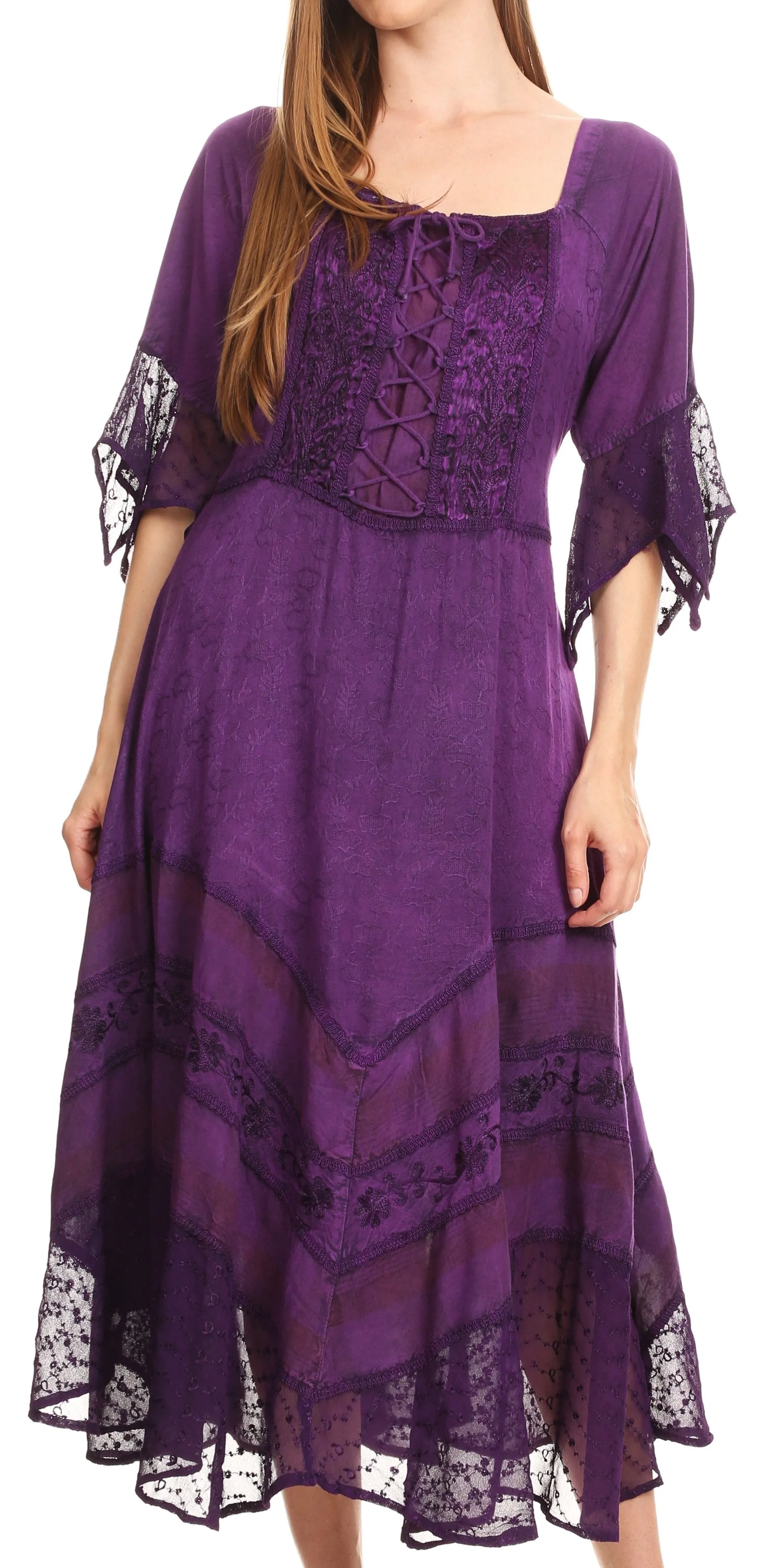 Sakkas Bexley Scoop Neck Bell Sleeve Bohemian Gypsy Embroidered Corset Dress