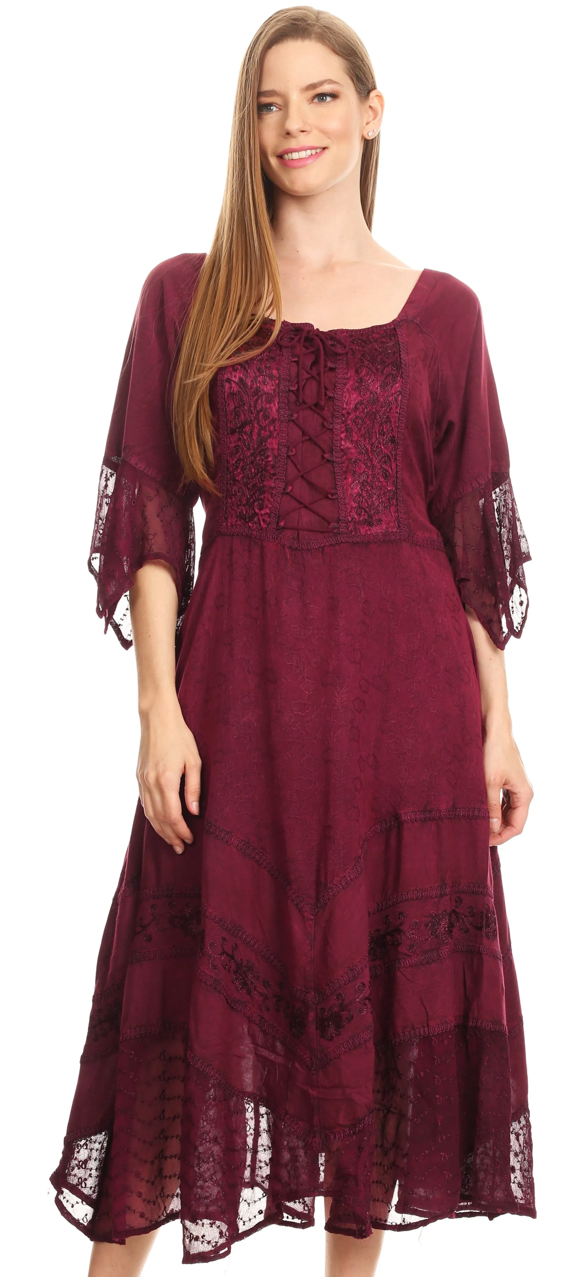 Sakkas Bexley Scoop Neck Bell Sleeve Bohemian Gypsy Embroidered Corset Dress