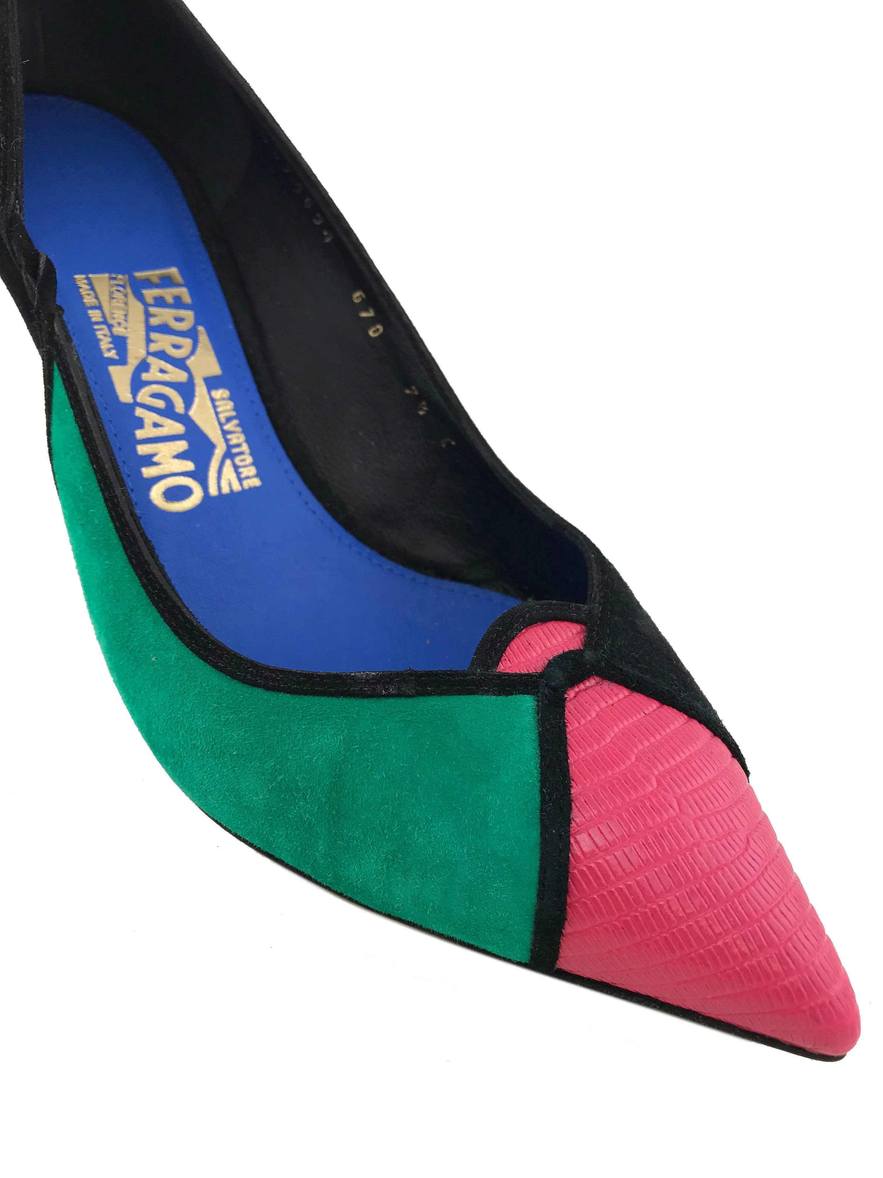 Salvatore Ferragamo Croc Effect Multicolored Suede Pumps Size 7.5 NEW