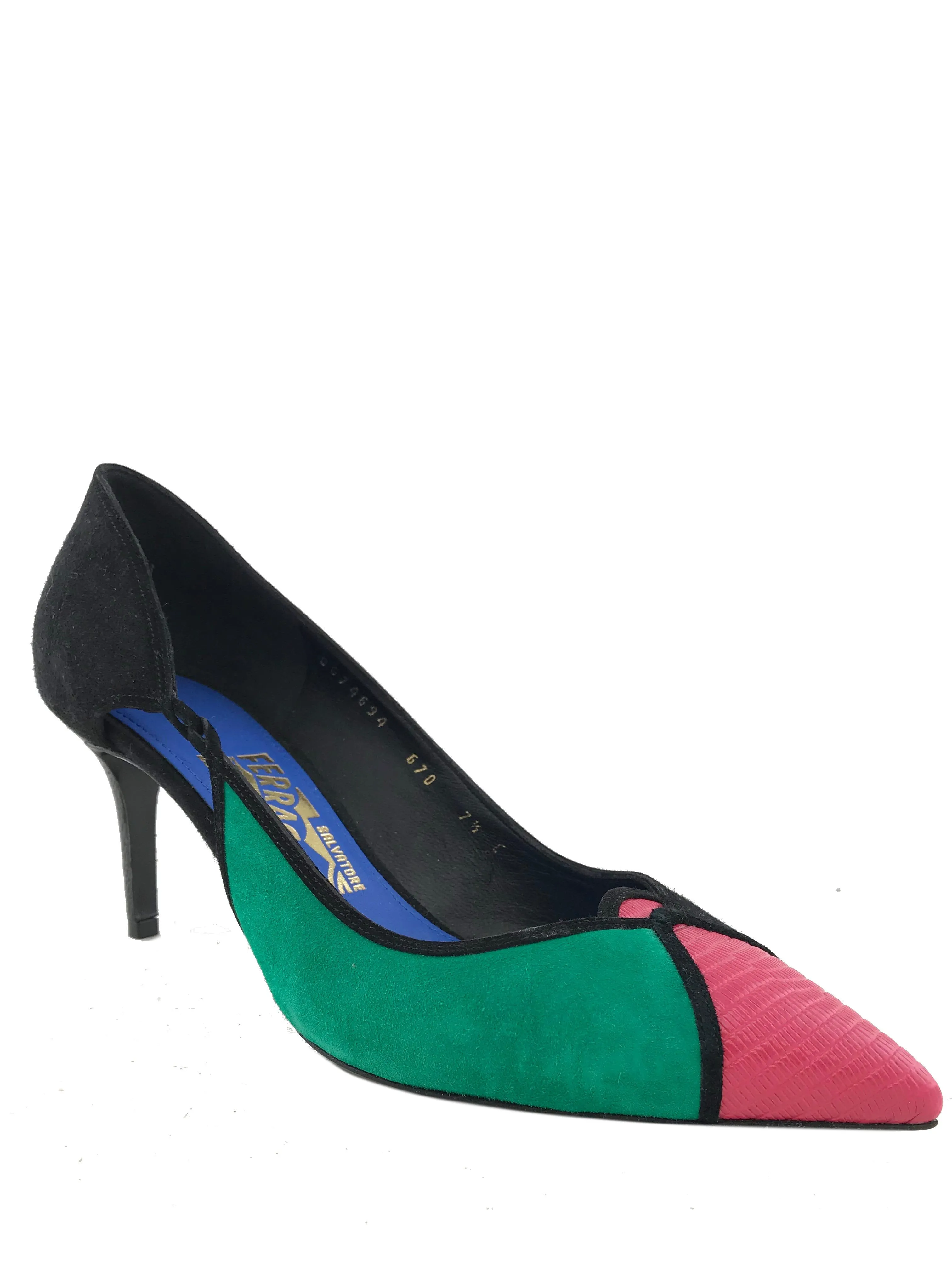 Salvatore Ferragamo Croc Effect Multicolored Suede Pumps Size 7.5 NEW