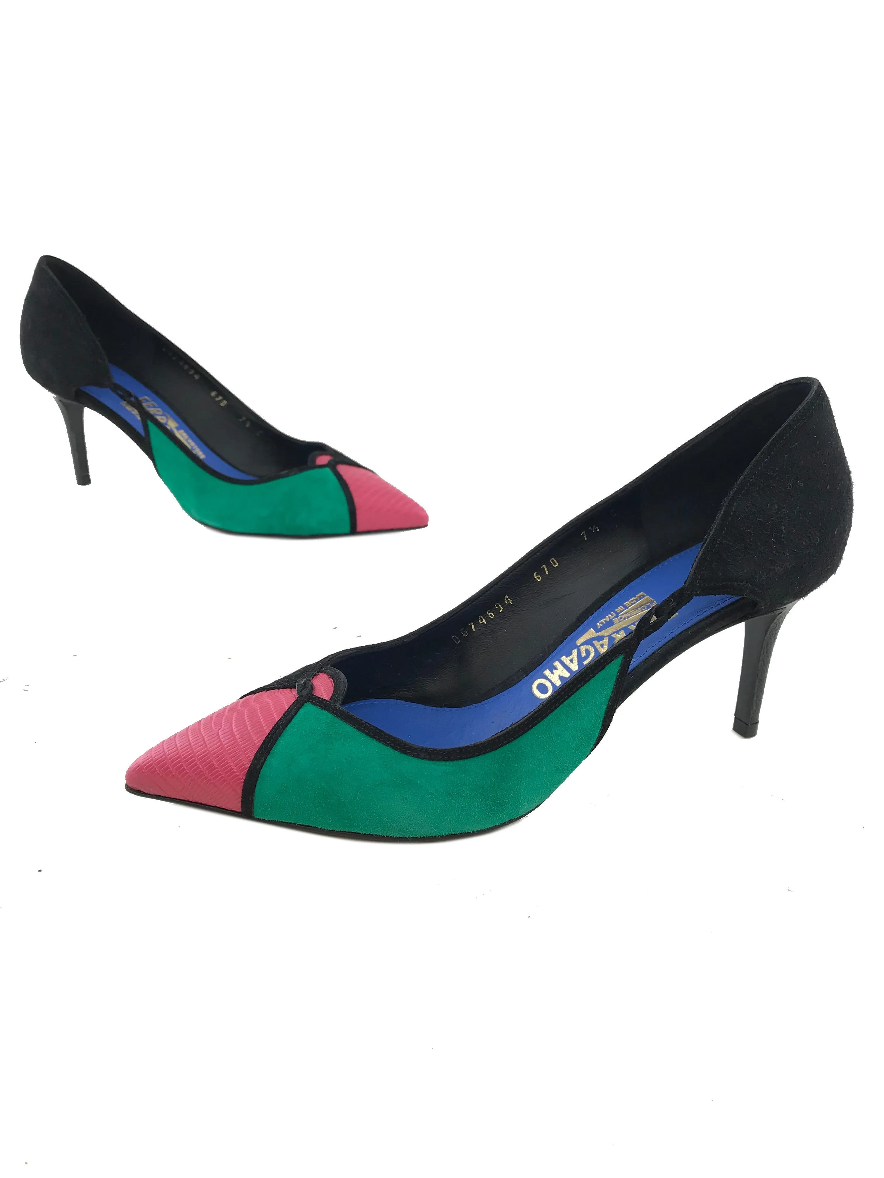 Salvatore Ferragamo Croc Effect Multicolored Suede Pumps Size 7.5 NEW