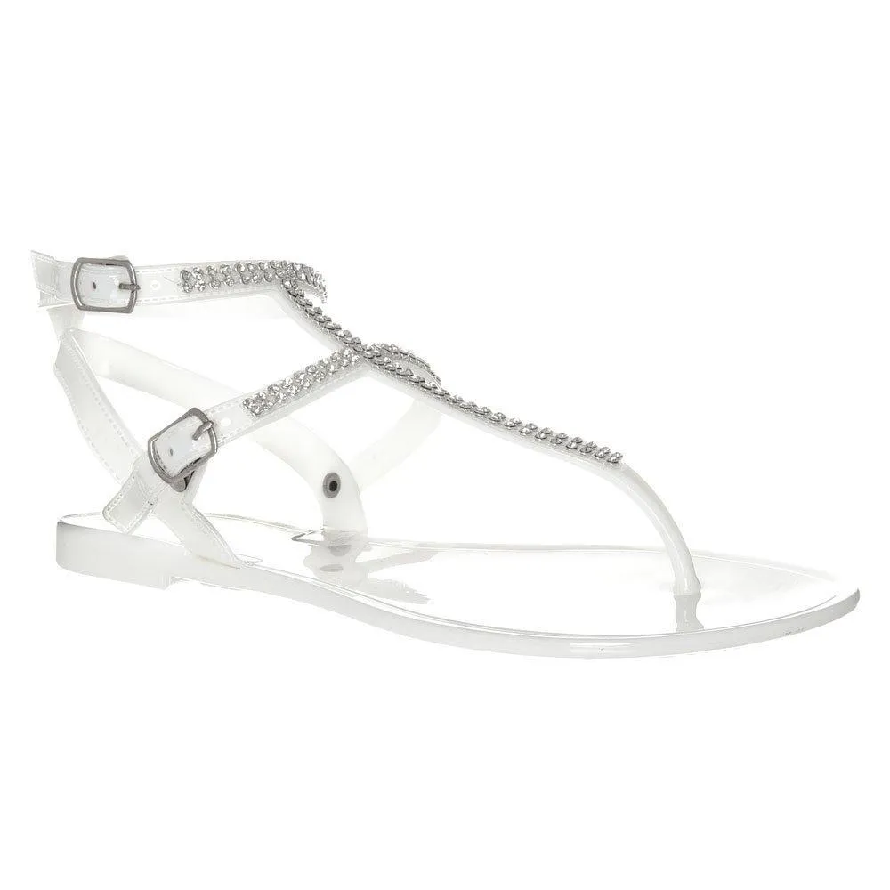 Snow White Flat Diamante  Gladiator T-Bar Sandal