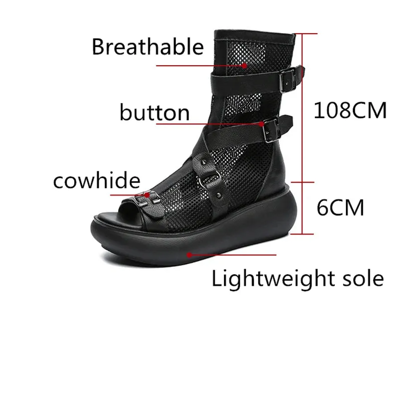 Sohiwoo Hollow Mesh Breathable Boots Vintage Cowhide Flat Gladiator Women Sandals Summer Ankle Boots Strap Punk Leather Platform Shoes