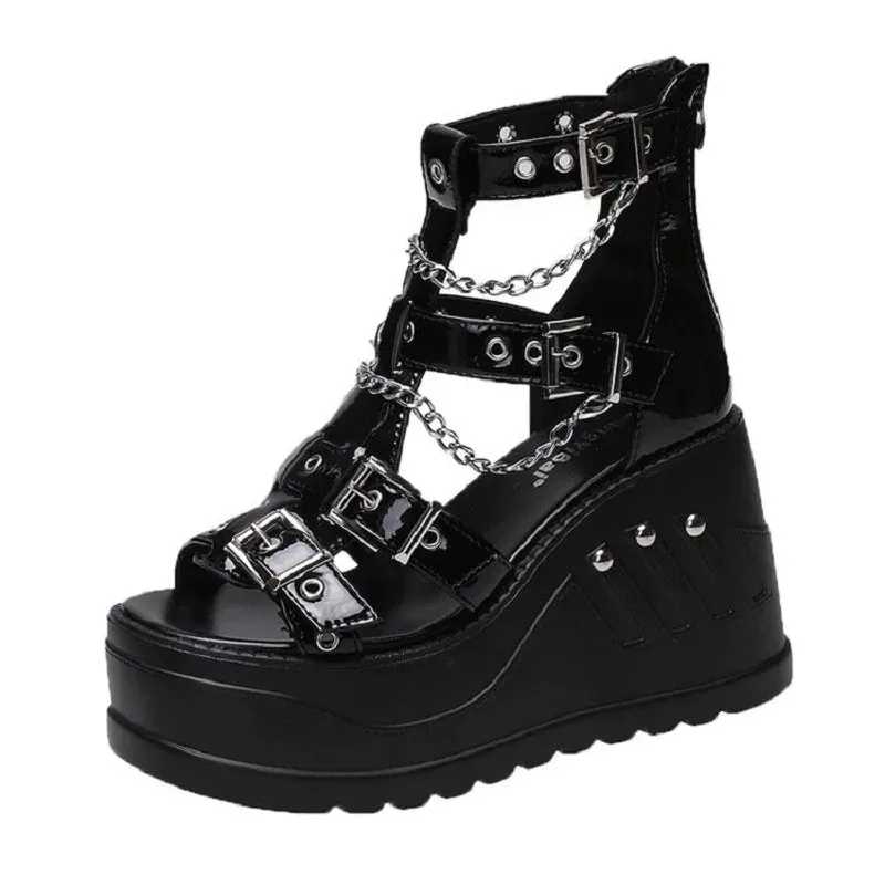 Sohiwoo Platform Shoes High Heels Sandals Summer Women's Trend Black Wedges Casual Lolita Anklets Gladiator Stylish Gothic Chain