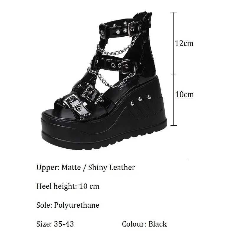 Sohiwoo Platform Shoes High Heels Sandals Summer Women's Trend Black Wedges Casual Lolita Anklets Gladiator Stylish Gothic Chain