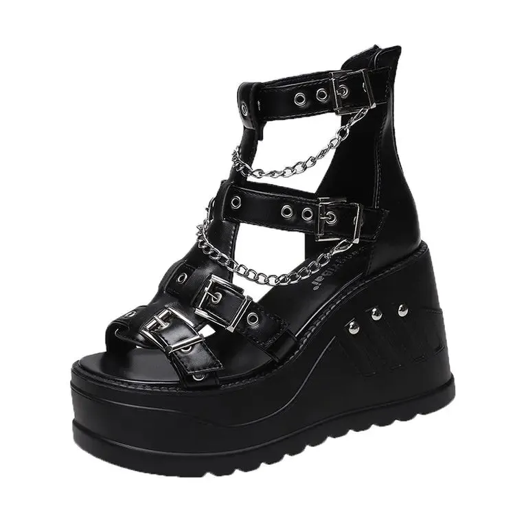 Sohiwoo Platform Shoes High Heels Sandals Summer Women's Trend Black Wedges Casual Lolita Anklets Gladiator Stylish Gothic Chain