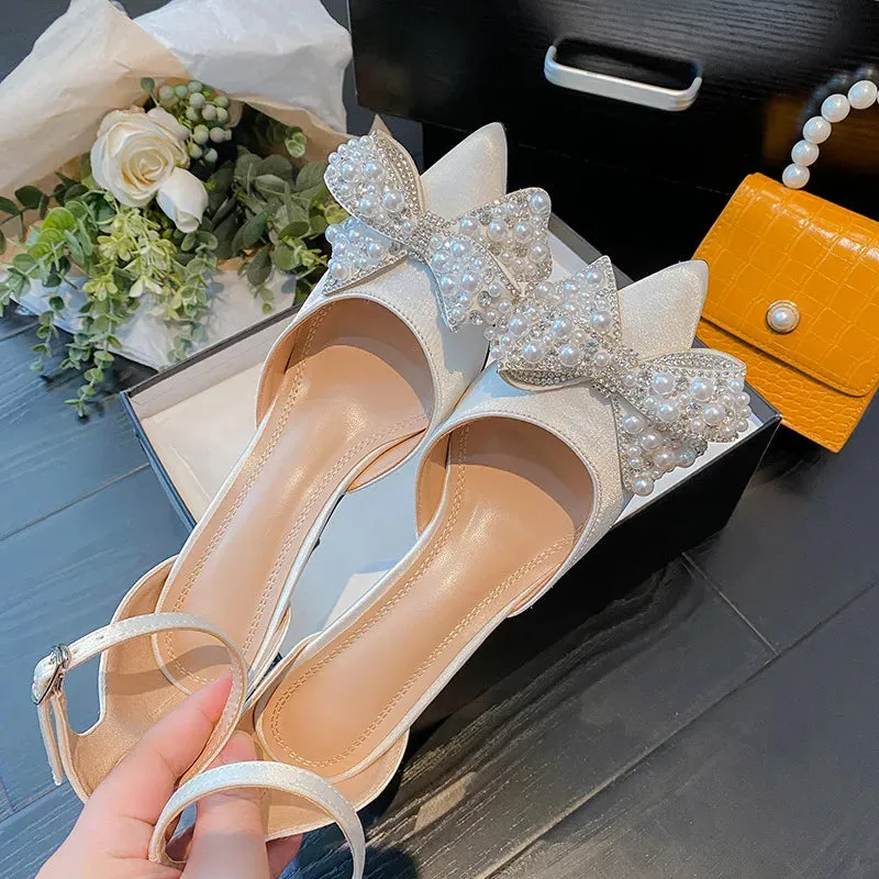 Sohiwoo  Summer New High Heels Bow Tie Pearl Hollow Pointed Silk Satin Women's Sandals Thin Heels