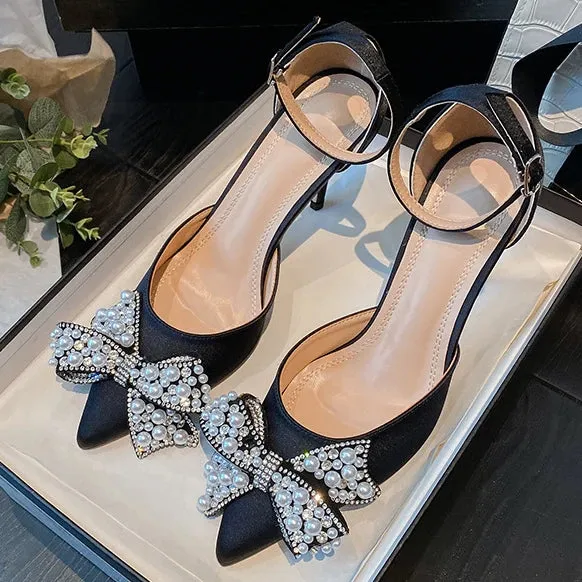 Sohiwoo  Summer New High Heels Bow Tie Pearl Hollow Pointed Silk Satin Women's Sandals Thin Heels