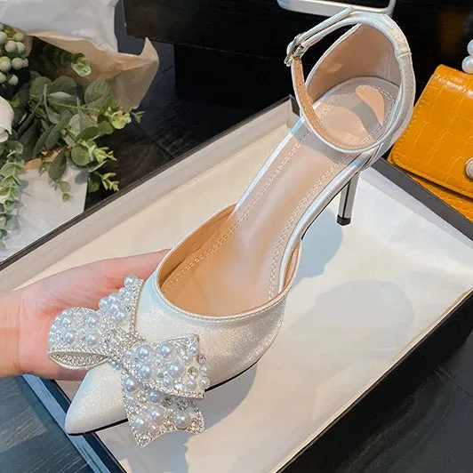 Sohiwoo  Summer New High Heels Bow Tie Pearl Hollow Pointed Silk Satin Women's Sandals Thin Heels