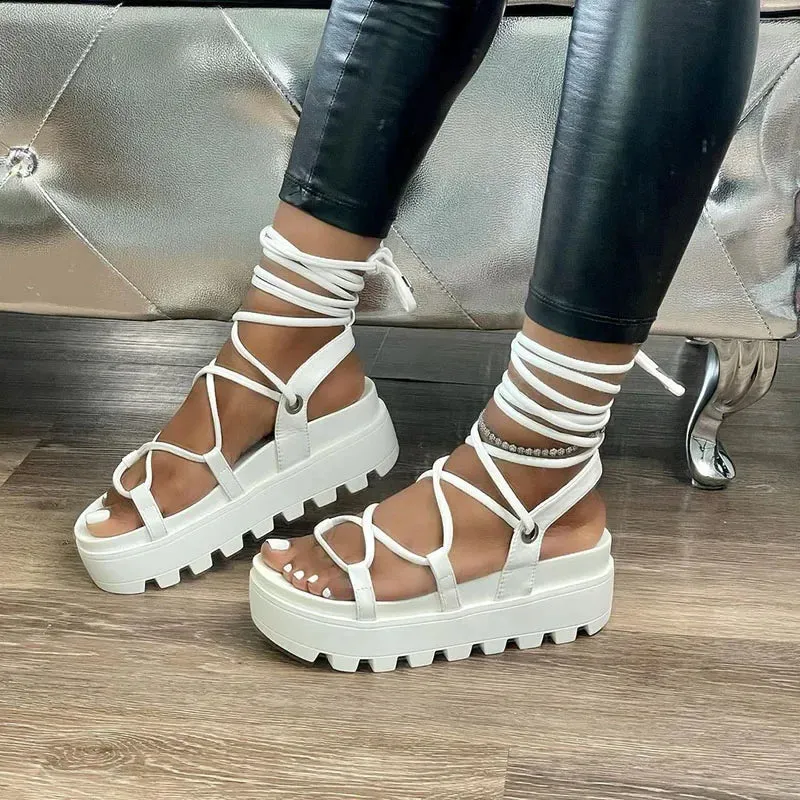 Sohiwoo Woman Thick Bottom Gladiator Sandals For Women 2024  Summer  Women's Fashion Platform Flats Cross Strap Sandalias Female Shoes