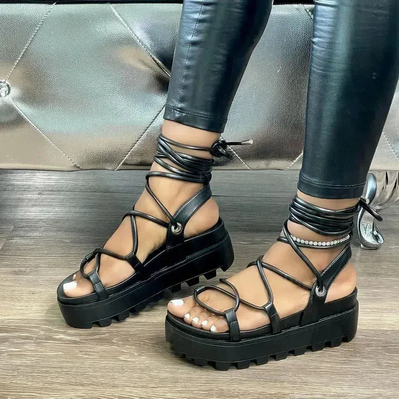 Sohiwoo Woman Thick Bottom Gladiator Sandals For Women 2024  Summer  Women's Fashion Platform Flats Cross Strap Sandalias Female Shoes