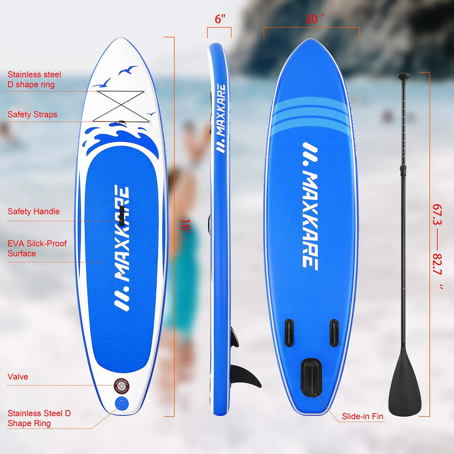 Stand Up Paddle Board Inflatable SUP W Stand-up Paddle Board Accessories Backpack Paddle Leash Pump Non-Slip Deck ISUP Fishing Yoga Rigid Solid 10'× 30" ×6'' Thick Adult & Youth & Kid