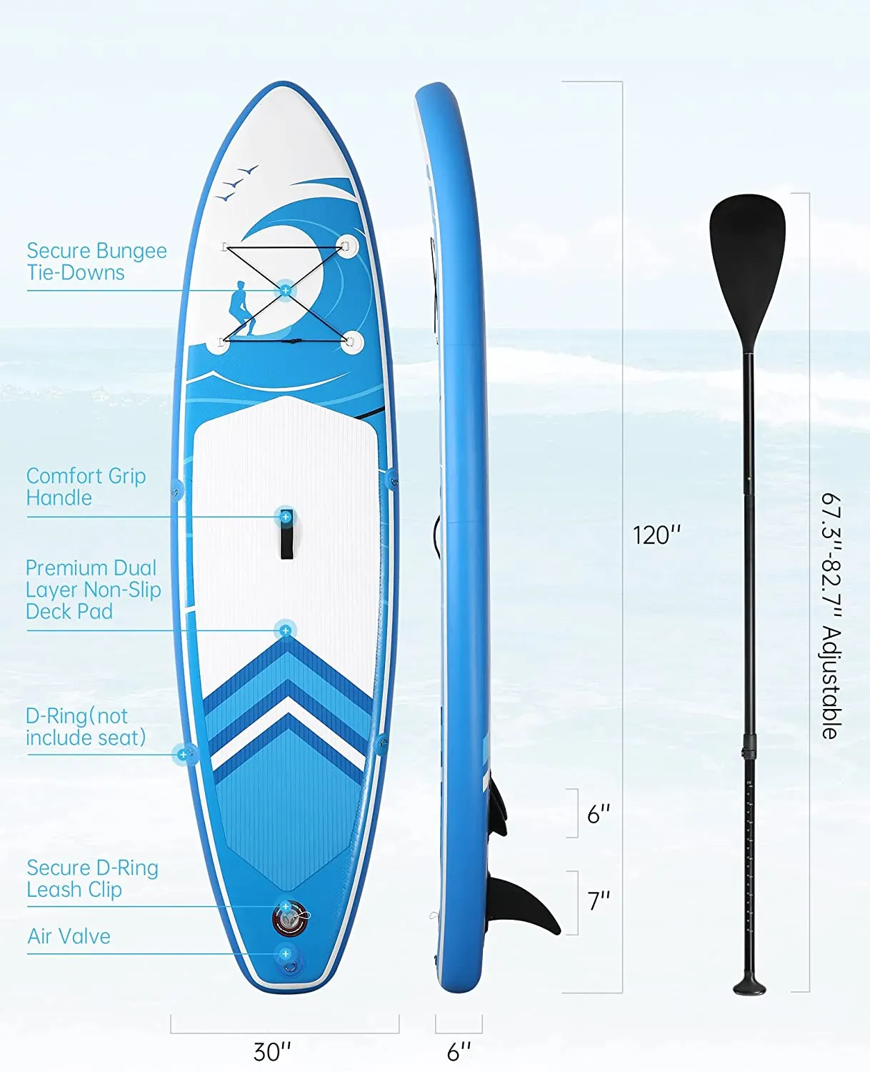 Stand Up Paddle Board Inflatable SUP W Stand-up Paddle Board Accessories Backpack Paddle Leash Pump Non-Slip Deck ISUP Fishing Yoga Rigid Solid 120''× 30" ×6'' Thick Adult & Youth & Kid