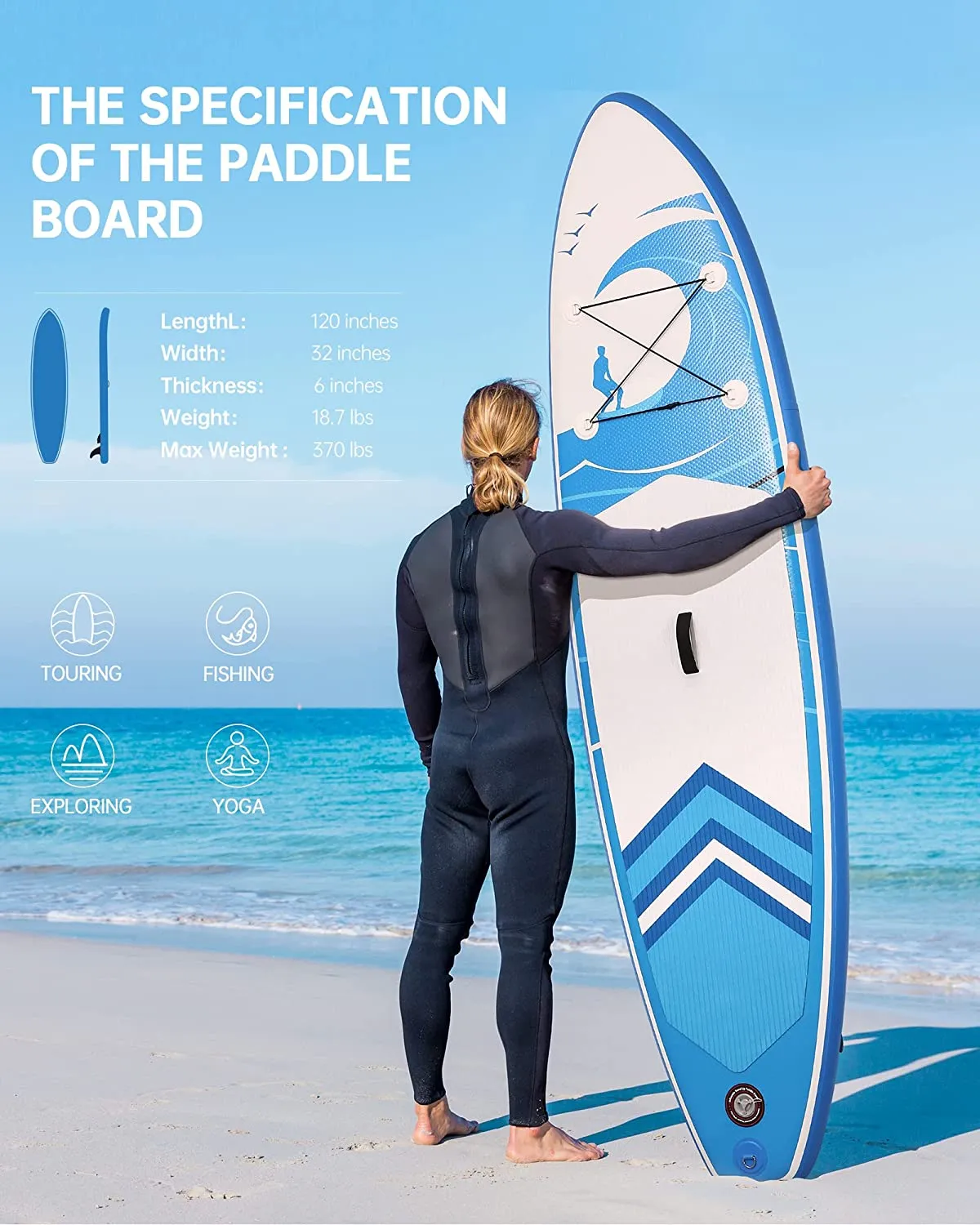 Stand Up Paddle Board Inflatable SUP W Stand-up Paddle Board Accessories Backpack Paddle Leash Pump Non-Slip Deck ISUP Fishing Yoga Rigid Solid 120''× 30" ×6'' Thick Adult & Youth & Kid