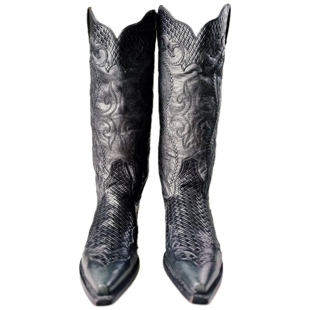 STETSON Handmade Basketweave Knee High Black Cowgirl Boots