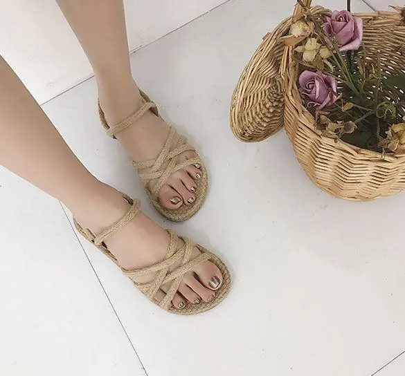 Straw Black Beige Summer Gladiator Flat Sandals