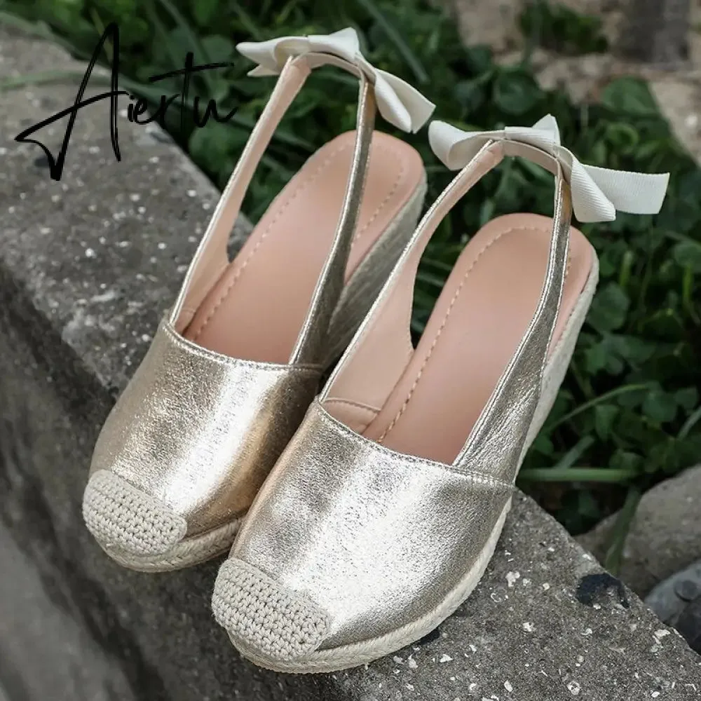 Summer Women High Wedge Heels Espadrille Soled Sandals Slippers Shoes Female Bowknot Gladiator Slingback Sandals Slippers Shoes