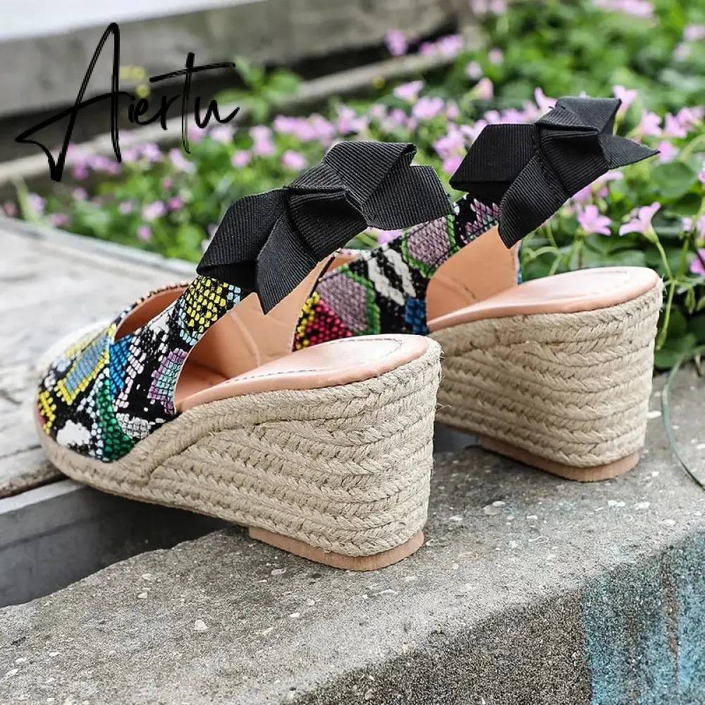 Summer Women High Wedge Heels Espadrille Soled Sandals Slippers Shoes Female Bowknot Gladiator Slingback Sandals Slippers Shoes