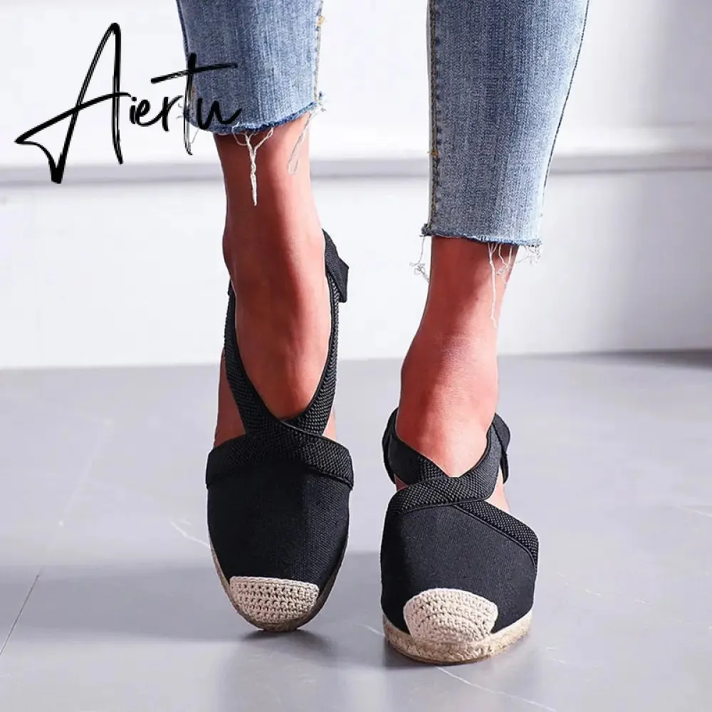 Summer Women High Wedge Heels Espadrille Soled Sandals Slippers Shoes Female Bowknot Gladiator Slingback Sandals Slippers Shoes