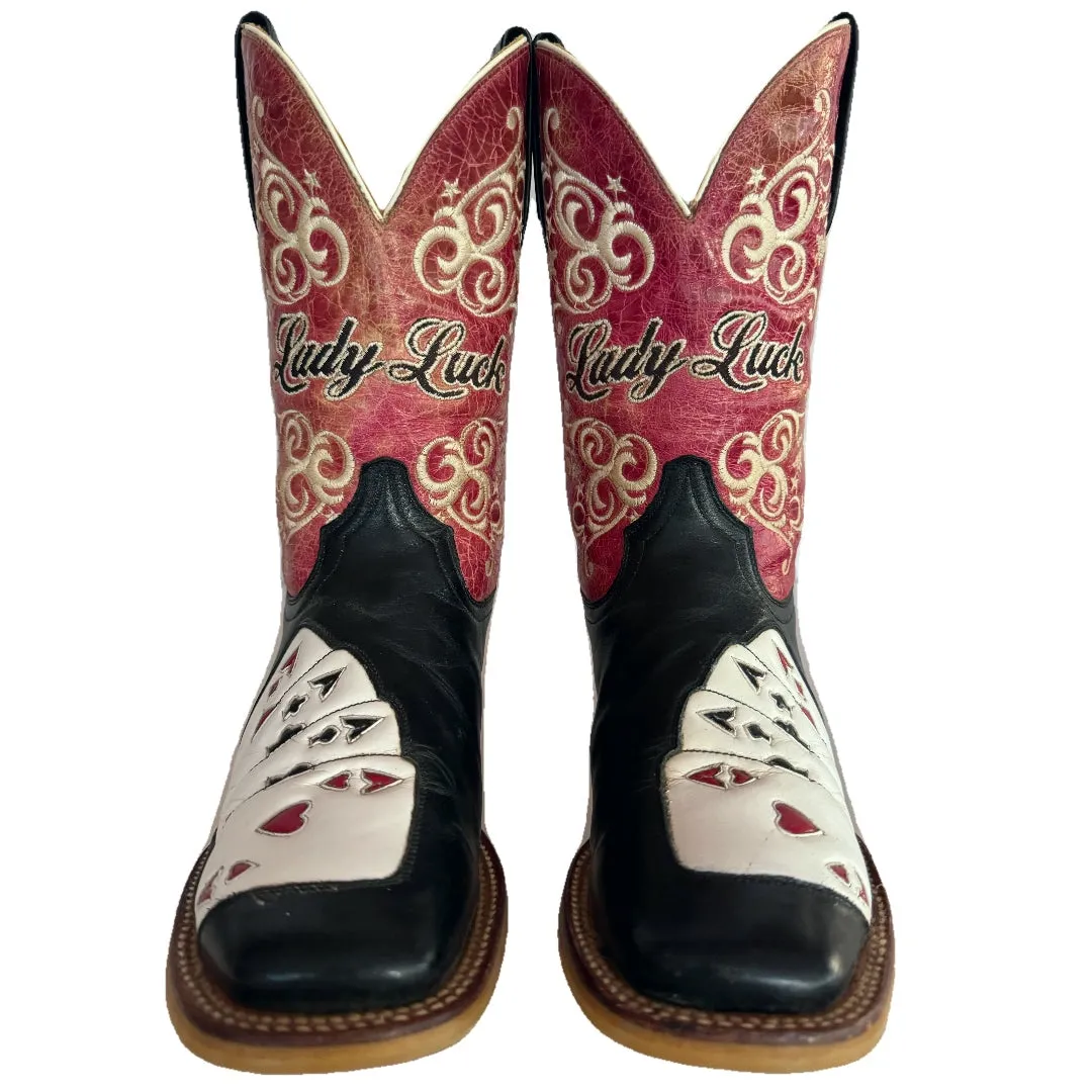 TIN HAUL Lady Luck Poker Aces Square Toe Cowgirl Western Boots